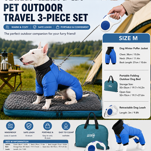 3-Piece Blue Winter Pet Outdoor Travel Set blue m size Reflective Dog Puffer Jacket blue