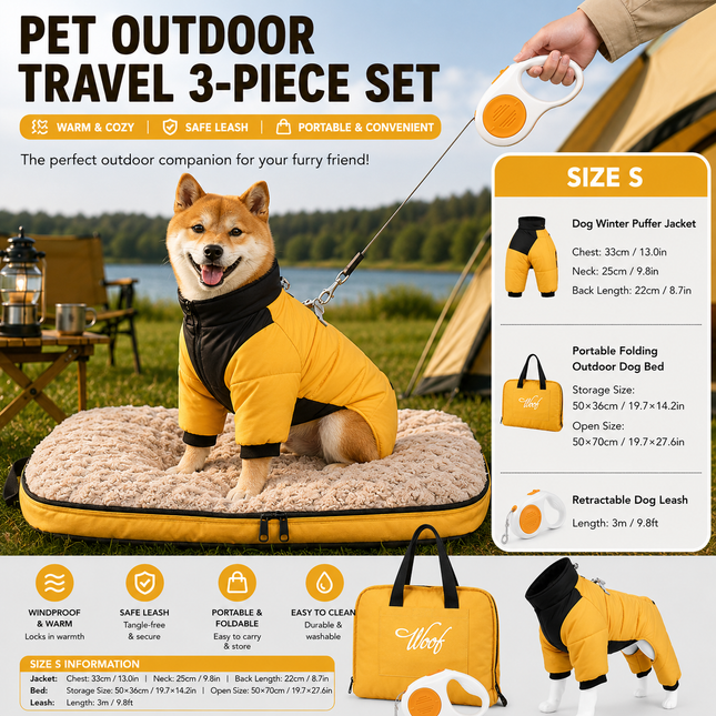 3-Piece Yellow Winter Pet Outdoor Travel Set yellow s size Reflective Dog Puffer Jacket orange 3m