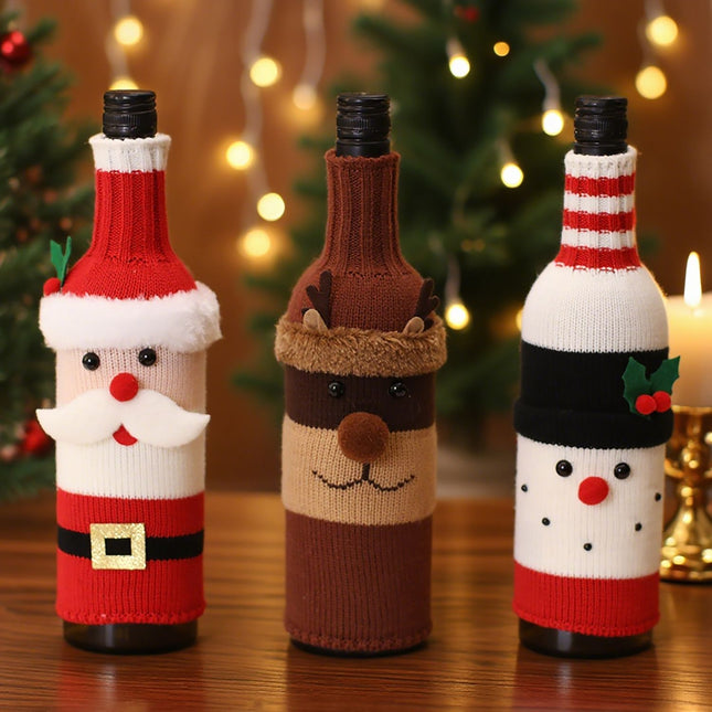 3-piece Santa Claus and Reindeer Snowman and Designs Style Knitted Christmas Wine Bottle