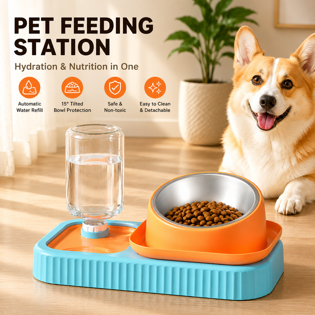 Blue and Orange Cat & Dog Feeding Station with Water Dispenser Elevated Stainless Steel Pet