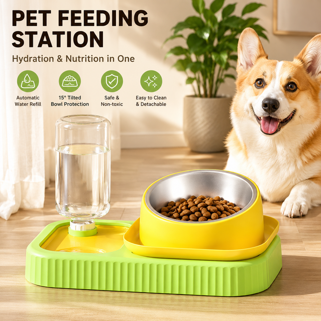 Yellow and Green Cat & Dog Feeding Station with Water Dispenser Elevated Stainless Steel Pet