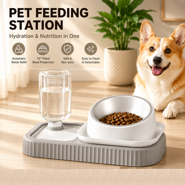 Grey and White Cat & Dog Feeding Station with Water Dispenser Elevated Stainless Steel Pet