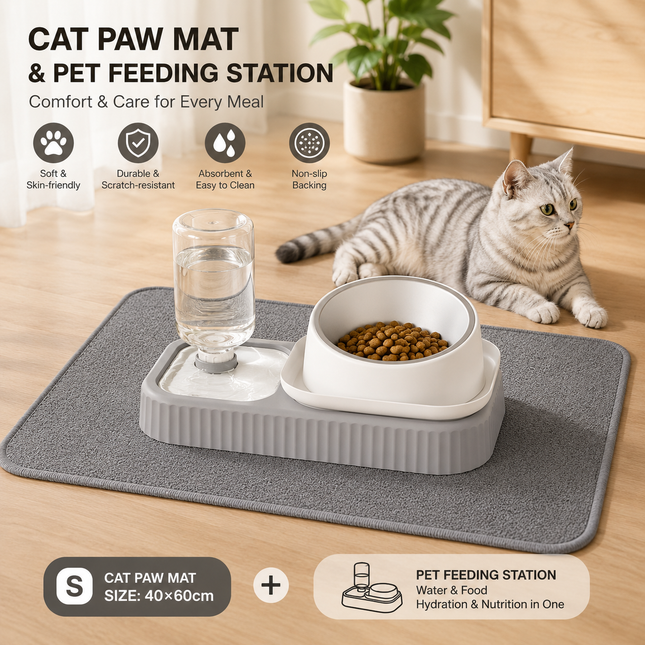 2 pcs Grey and White Cat Feeding Station with Water Dispenser & Slow Feeder Bowl V888-ELOSUNG53323