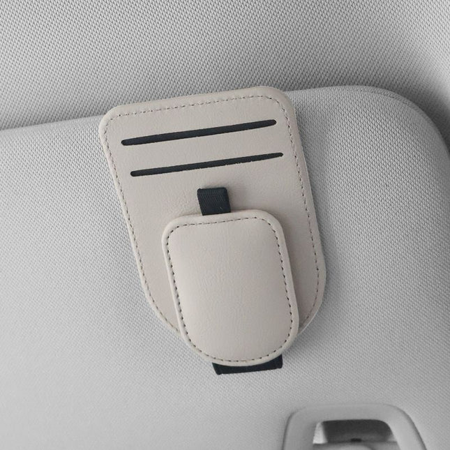 Beige Car Sun Visor Eyeglasses Holder Magnetic Glasses Clip with Card Storage Multifunction Auto Sunglasses