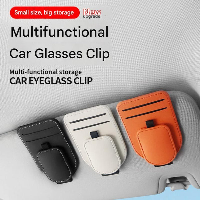 Beige Car Sun Visor Eyeglasses Holder Magnetic Glasses Clip with Card Storage Multifunction Auto – product detail