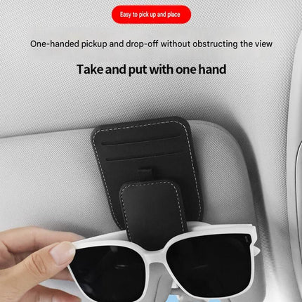 Beige Car Sun Visor Eyeglasses Holder Magnetic Glasses Clip with Card Storage Multifunction Auto Sunglasses Organizer PVC Leather Interior Accessory