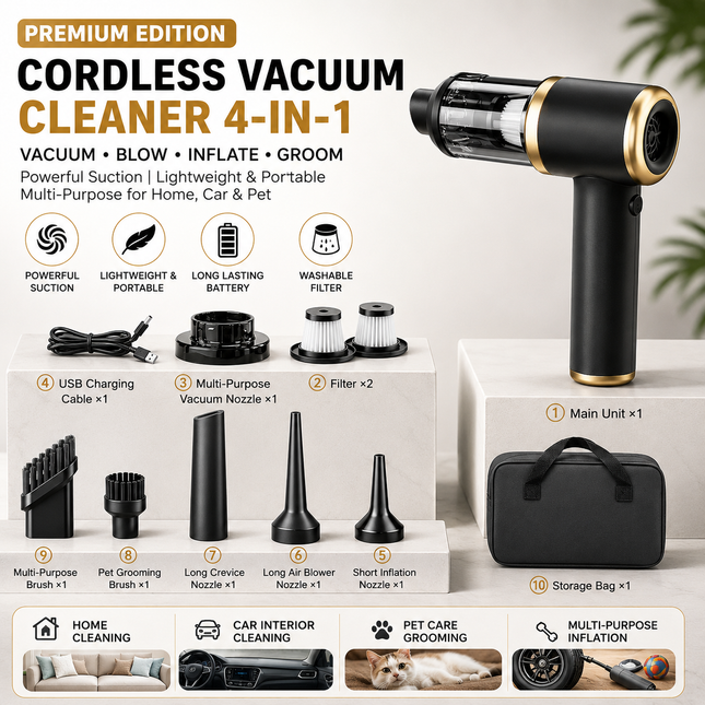 Black Handheld Cordless set Vacuum Cleaner Air Duster 4-in-1 Mini Vacuum Blower Rechargeable Portable Auto