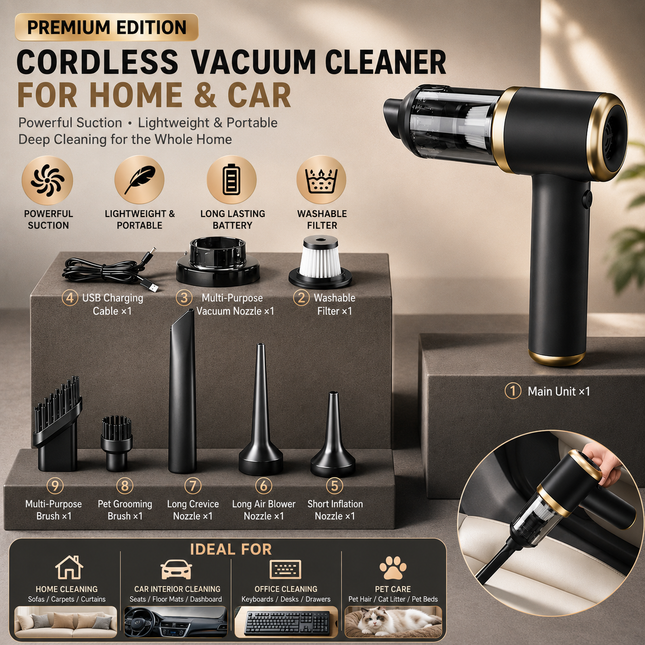 Black Handheld Cordless Vacuum Cleaner Air Duster 4-in-1 Mini Vacuum Blower Rechargeable Portable Auto Home