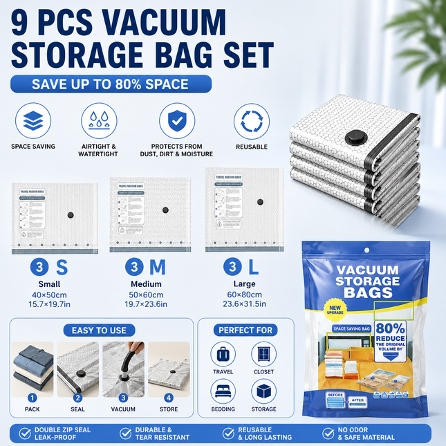 9-piece Travel Vacuum Storage Bags Set for Clothes and Bedding Space Saving Compression Bags