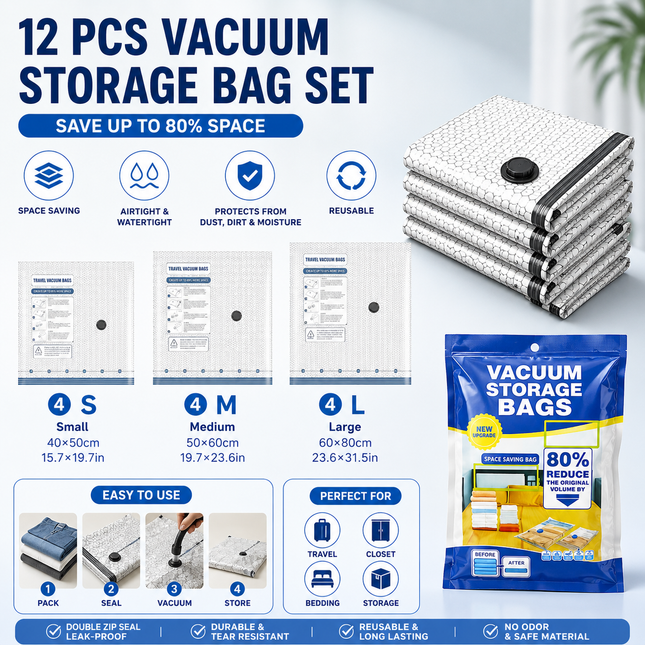 12-piece Travel Vacuum Storage Bags Set for Clothes and Bedding Space Saving Compression Bags