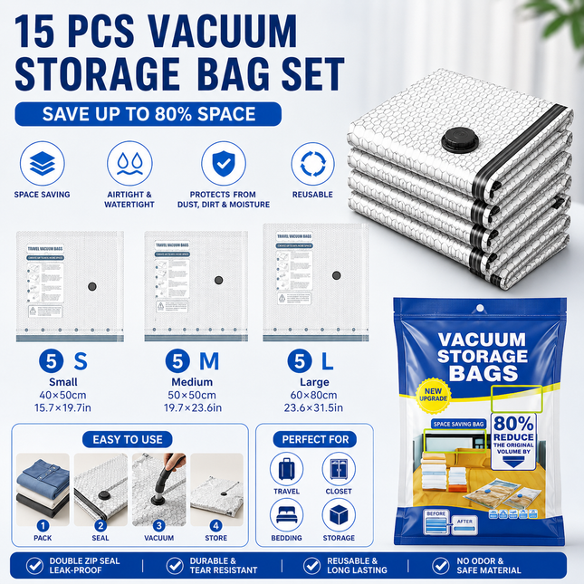 15-piece Travel Vacuum Storage Bags Set for Clothes and Bedding Space Saving Compression Bags