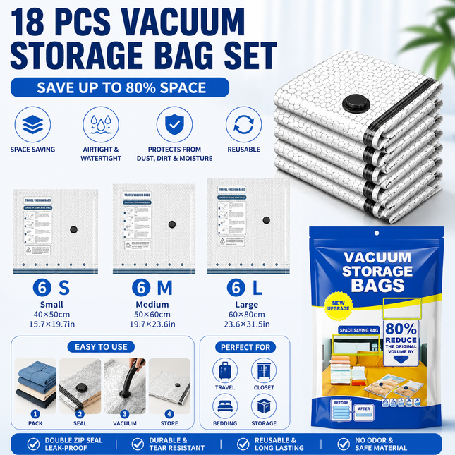 18-piece Travel Vacuum Storage Bags Set for Clothes and Bedding Space Saving Compression Bags