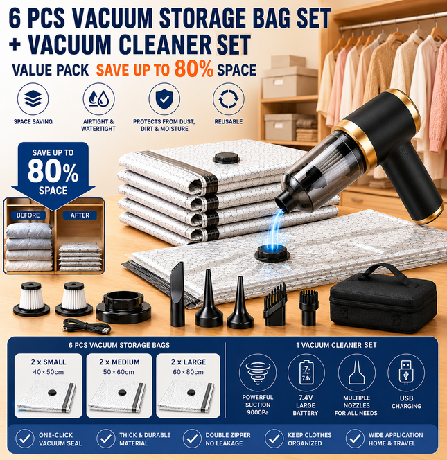 Portable Cordless Handheld Vacuum Cleaner & 6-piece Vacuum Storage Bag Set 4-in-1 Air Duster Vacuum