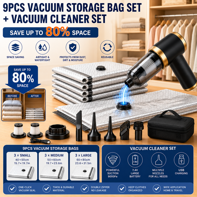Portable Cordless Handheld Vacuum Cleaner & 9-piece Vacuum Storage Bag Set 4-in-1 Air Duster Vacuum