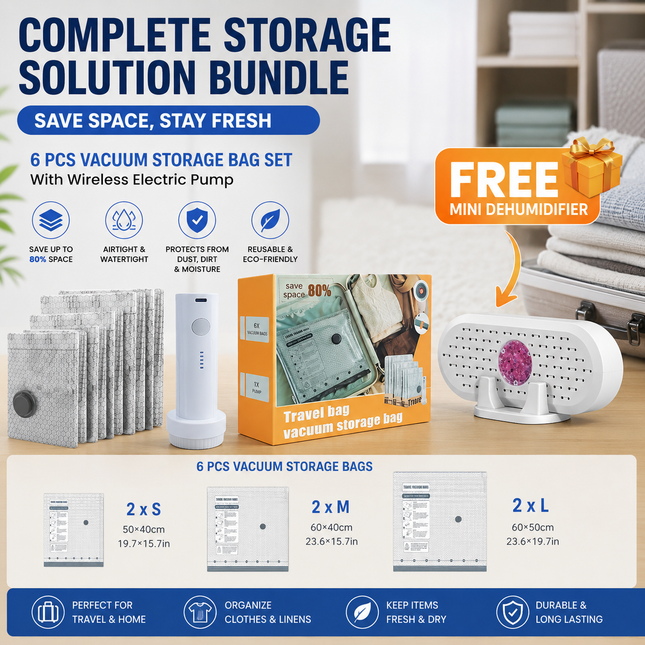 6 Pack Vacuum Storage Bags and Wireless Electric Pump and Renewable Mini Dehumidifier Bundle