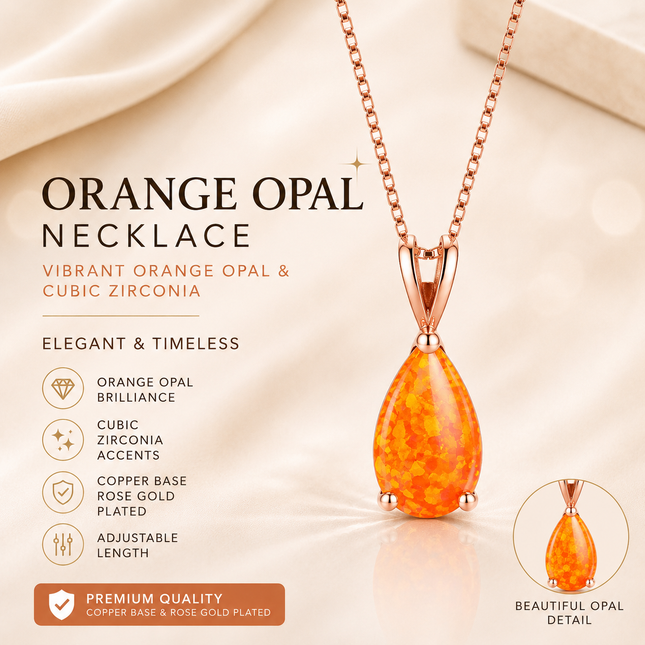 Orange Opal Teardrop Rose gold-plated chain Pendant Necklace for Women Elegant Sparkling Opal Drop Necklace