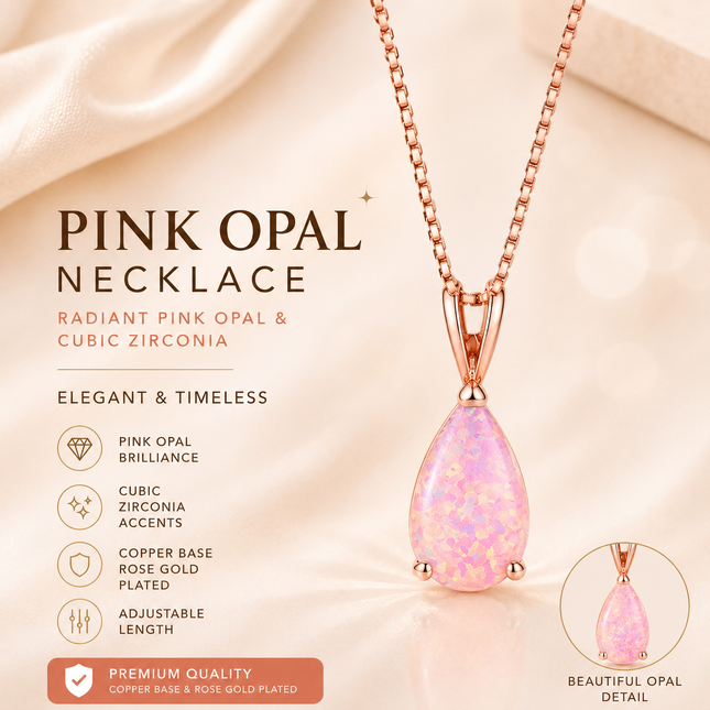 Pink Opal Teardrop Rose gold-plated chain Pendant Necklace for Women Elegant Sparkling Opal Drop Necklace
