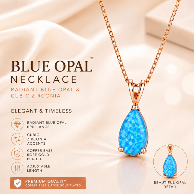 Blue Opal Teardrop Rose gold-plated chain Pendant Necklace for Women Elegant Sparkling Opal Drop Necklace