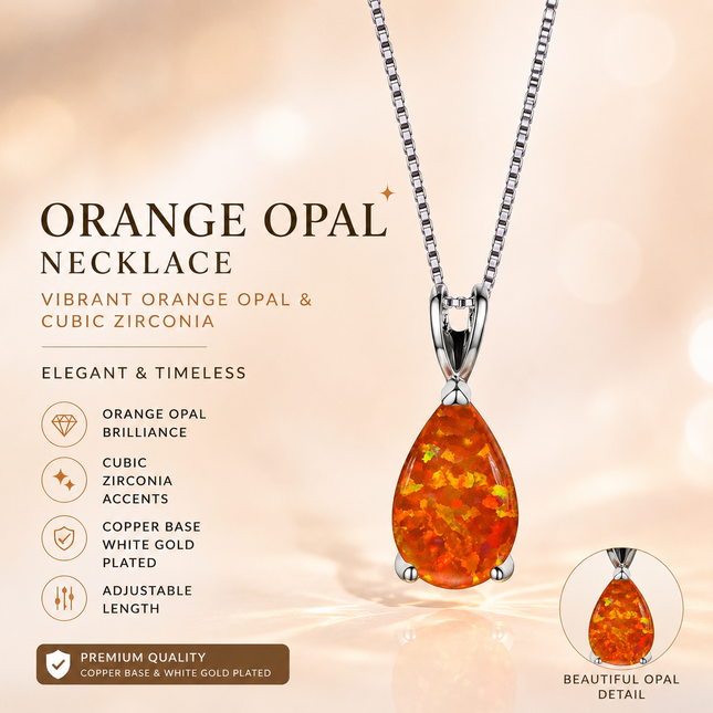 Orange Opal Teardrop Platinum-plated chain Pendant Necklace for Women Elegant Sparkling Opal Drop Necklace