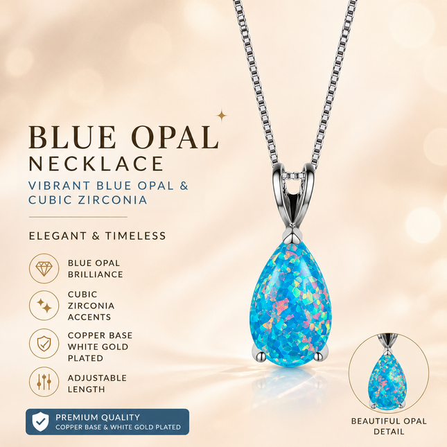 Blue Opal Teardrop Platinum-plated chain Pendant Necklace for Women Elegant Sparkling Opal Drop Necklace