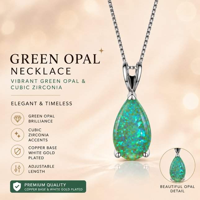 Green Opal Teardrop Platinum-plated chain Pendant Necklace for Women Elegant Sparkling Opal Drop Necklace