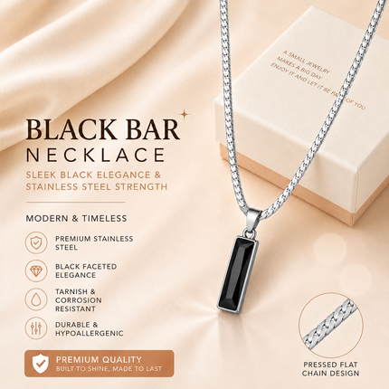 Black Zircon Bar Pendant Necklace 45cm+5cm for Men, Stainless Steel Cuban Chain Necklace, Minimalist Hip Hop Street Style Jewellery