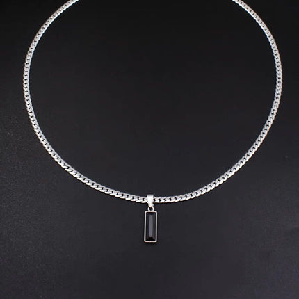 Black Zircon Bar Pendant Necklace 50cm+5cm for Men, Stainless Steel Cuban Chain Necklace, Minimalist Hip Hop Street Style Jewellery
