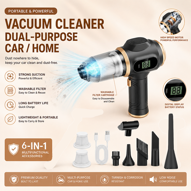 8-piece Black Handheld Cordless Vacuum Cleaner & Air Duster 2-in-1(2 x 2000mAh) Portable Car and Home
