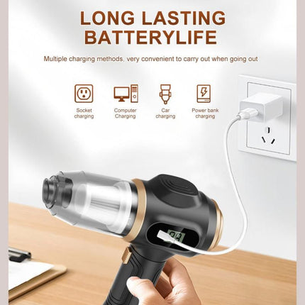 8-piece  Black Handheld Cordless Vacuum Cleaner & Air Duster 2-in-1(2 x 1500mAh), Portable Car and Home Cleaning Vacuum with Digital Display