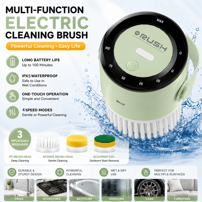 4-piece Green Electric Spin Scrubber Cordless Cleaning Brush(Includes three types of brush heads) for