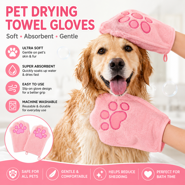 2-piece Pink Quick-drying pet grooming glove towel made of soft highly absorbent coral fleece suitable for