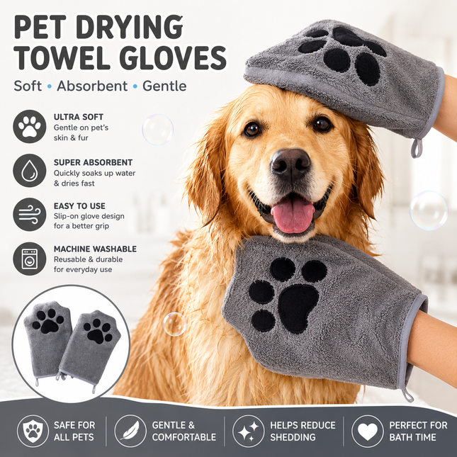 2-piece Grey Quick-drying pet grooming glove towel made of soft highly absorbent coral fleece suitable for