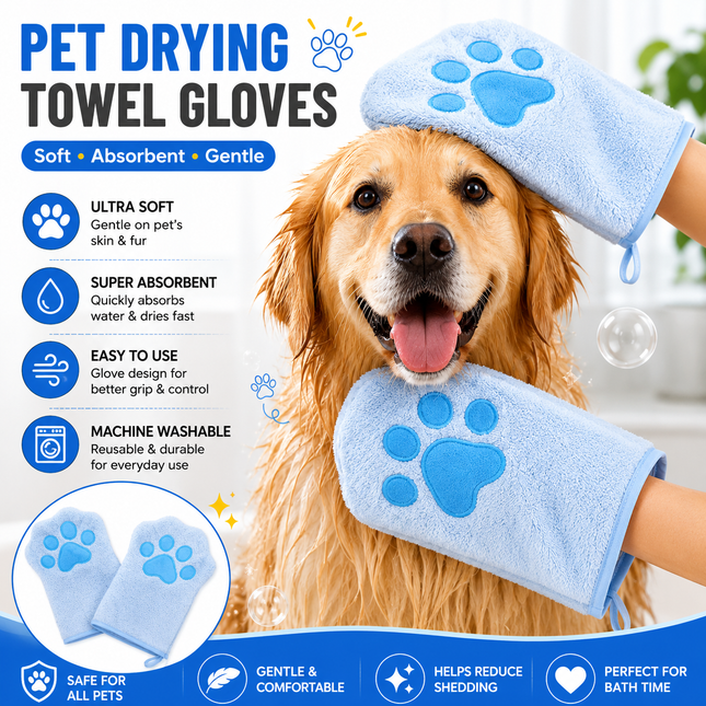 2-piece Blue Quick-drying pet grooming glove towel made of soft highly absorbent coral fleece suitable for
