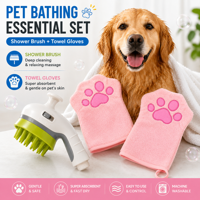 3-piece Pet Grooming Bathing Kit with 2 pack Pink Pet Drying Glove Towel and White Pet Shower Sprayer Brush