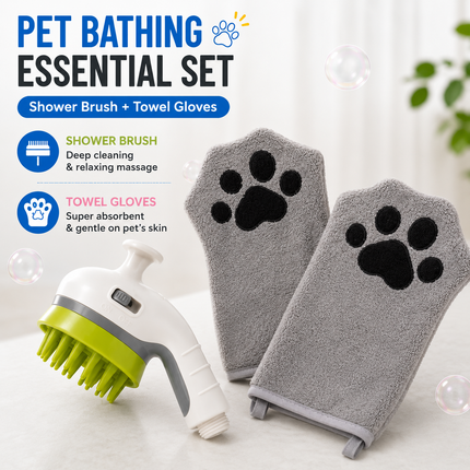 3-piece Pet Grooming Bathing Kit with 2 pack Grey Pet Drying Glove Towel and White Pet Shower Sprayer Brush Set - Coral Fleece Quick Dry Absorbent Cleaning Towel, Water Control Bath Tool for Dogs and Cats