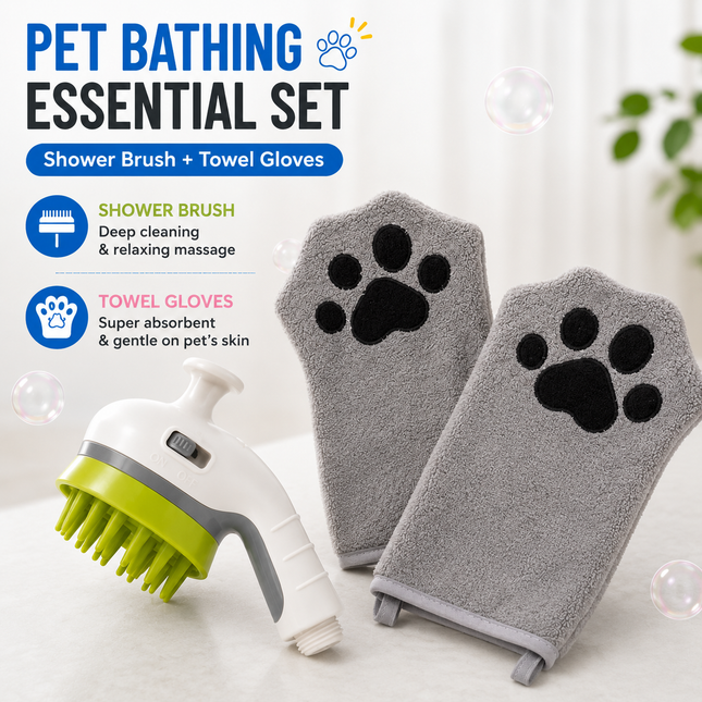 3-piece Pet Grooming Bathing Kit with 2 pack Grey Pet Drying Glove Towel and White Pet Shower Sprayer Brush