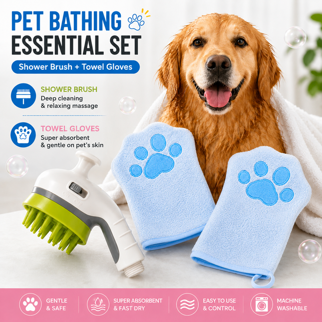 3-piece Pet Grooming Bathing Kit with 2 pack Blue Pet Drying Glove Towel and White Pet Shower Sprayer Brush