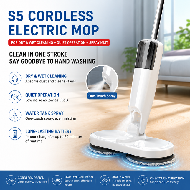 S5 White Cordless Electric Spin Mop with Spray Function USB Rechargeable Floor V888-ELOSUNG53365