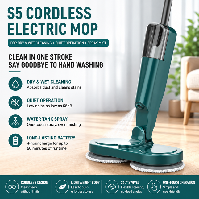 S5 Green Cordless Electric Spin Mop with Spray Function USB Rechargeable Floor V888-ELOSUNG53366