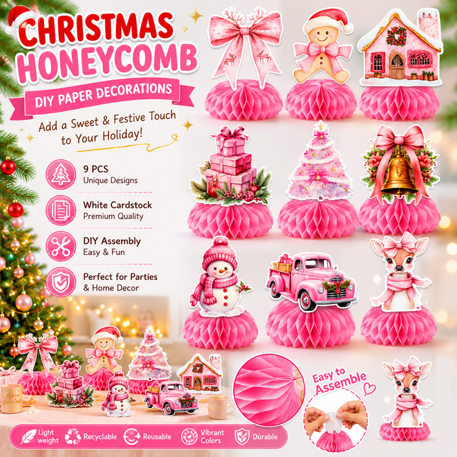 9 pcs Pink Christmas Honeycomb Table Centrepiece Set