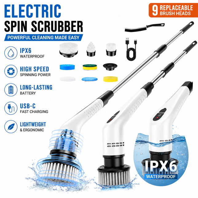 White 9 piece replaceable cleaning brush heads Electric Spin Scrubber with Extendable V888-ELOSUNG53376