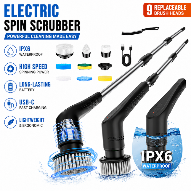 Black 9 piece replaceable cleaning brush heads Electric Spin Scrubber with Extendable V888-ELOSUNG53377