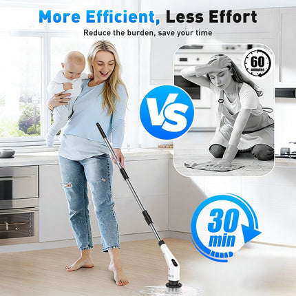 Black 9 piece replaceable cleaning brush heads Electric Spin Scrubber with Extendable Handle - Cordless Rechargeable Cleaning Brush for Kitchen, Bathroom and Floors - IPX6 Waterproof, 2-Speed Motor, Long Battery Life