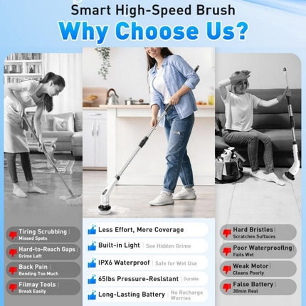 Black 9 piece replaceable cleaning brush heads Electric Spin Scrubber with Extendable Handle - Cordless Rechargeable Cleaning Brush for Kitchen, Bathroom and Floors - IPX6 Waterproof, 2-Speed Motor, Long Battery Life