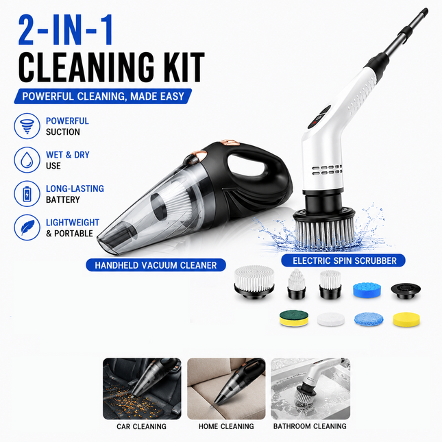 Black Cordless Car Vacuum Cleaner & White Electric Spin Scrubber Combo Portable Handheld Wet &