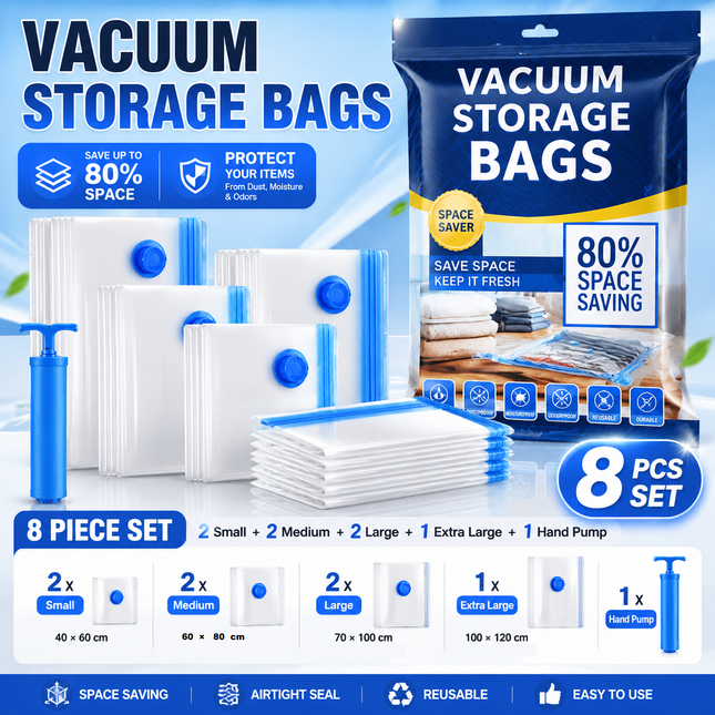 8-piece Vacuum Storage Bags Set(2 small 2 medium 2 large 1 extra large 1 hand V888-ELOSUNG53386