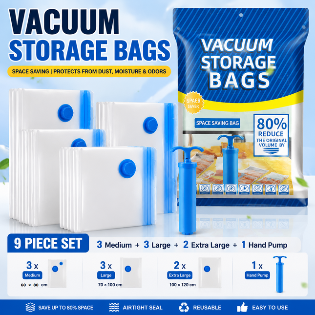 9-piece Vacuum Storage Bags Set(3 medium 3 large 2 extra large 1 hand pump)- Heavy V888-ELOSUNG53387