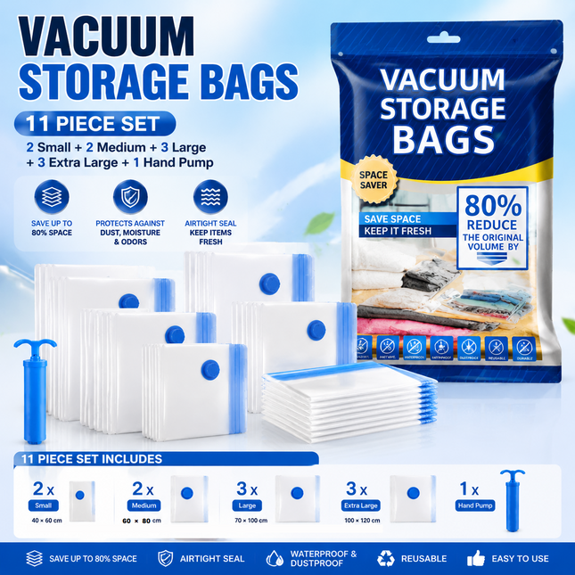 11-piece Vacuum Storage Bags Set(2 small 2 medium 3 large 3 extra large 1 hand V888-ELOSUNG53388