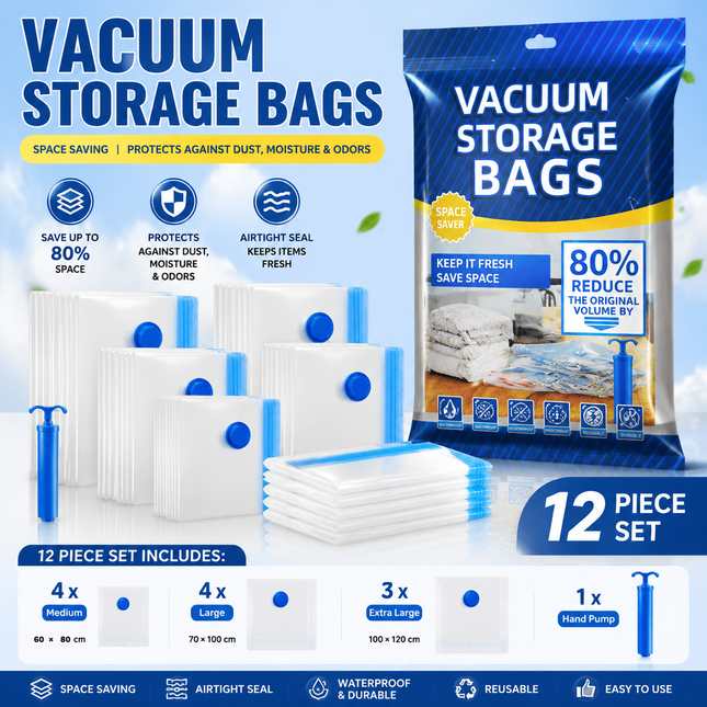 12-piece Vacuum Storage Bags Set(4 medium 4 large 3 extra large 1 hand pump)- Heavy V888-ELOSUNG53389