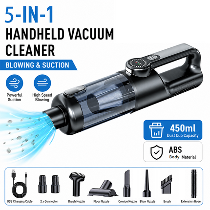 Black and Grey Cordless Handheld Vacuum Cleaner 17000Pa High Suction Portable Rechargeable 5 in 1 Car Home Cleaning Device Multi Function Dust Removal Tool Lightweight Easy Clean ECO MAX Modes